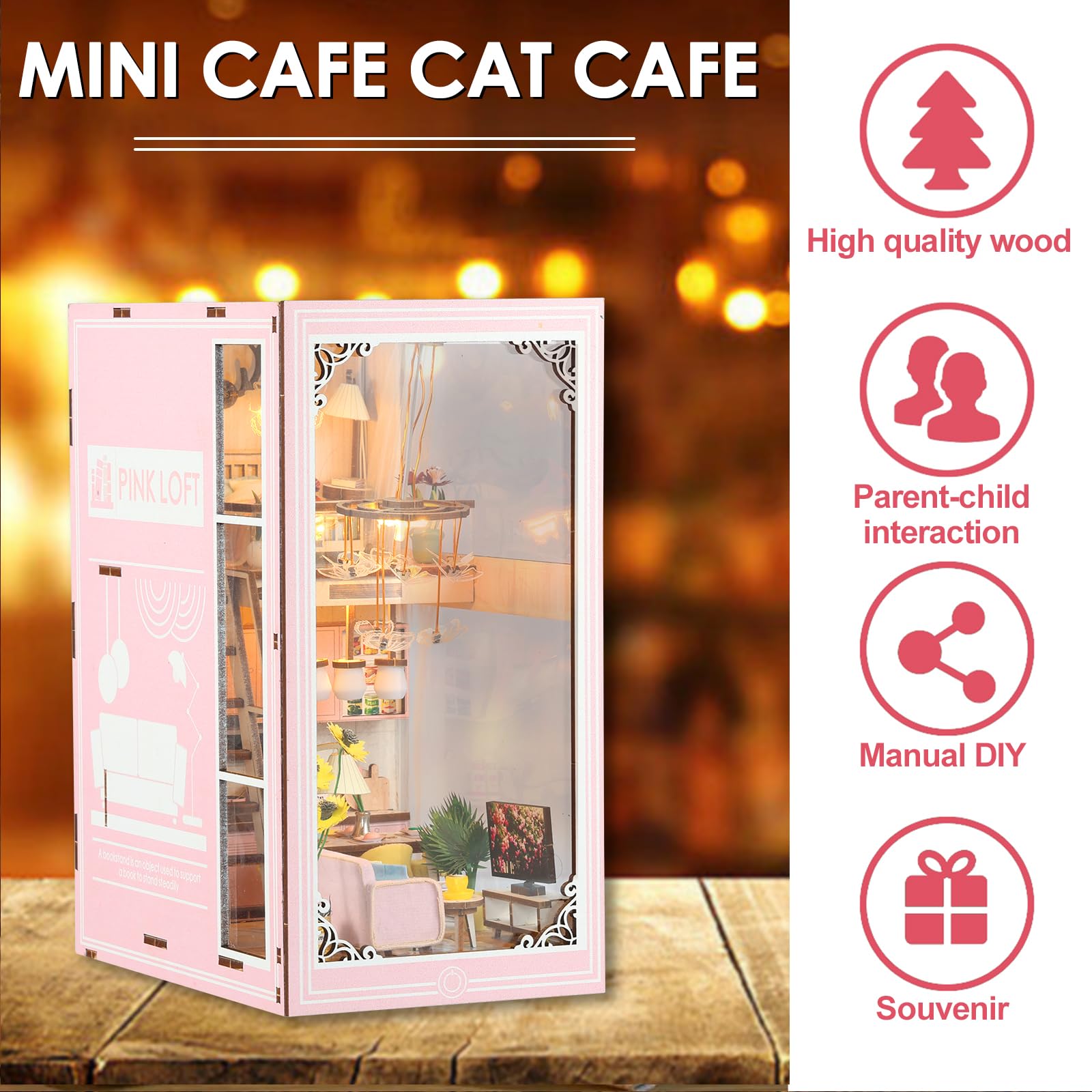 DIY Book Nook Kit Pink Apartment 3D Wooden Puzzle Bookshelf Insert